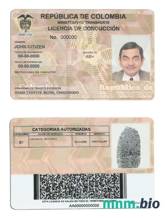 Szablon prawa jazdy w Kolumbii w formacie PSD, ze wszystkimi czcionkami